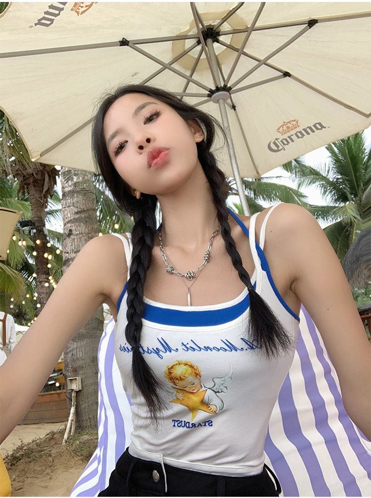可愛天使寶寶撞色假兩件吊帶美背上衣