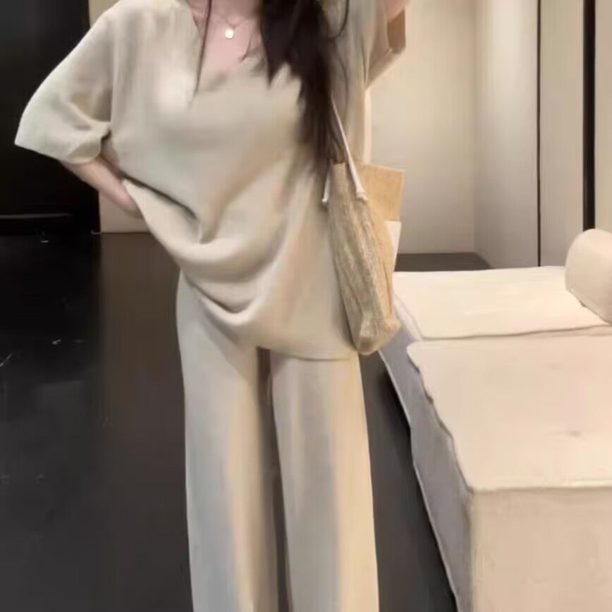 懶人必備韓系溫柔V領短袖兩件套