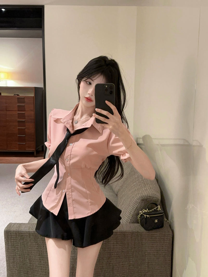 純御收腰JK領帶襯衫&高腰澎澎裙套裝