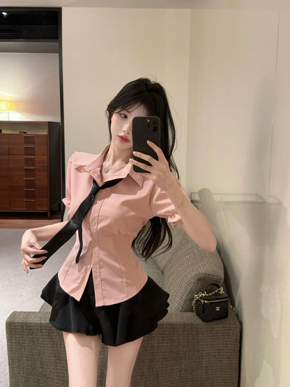 純御收腰JK領帶襯衫&高腰澎澎裙套裝