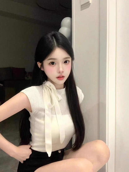 溫柔飄帶綁帶圓領短袖單品