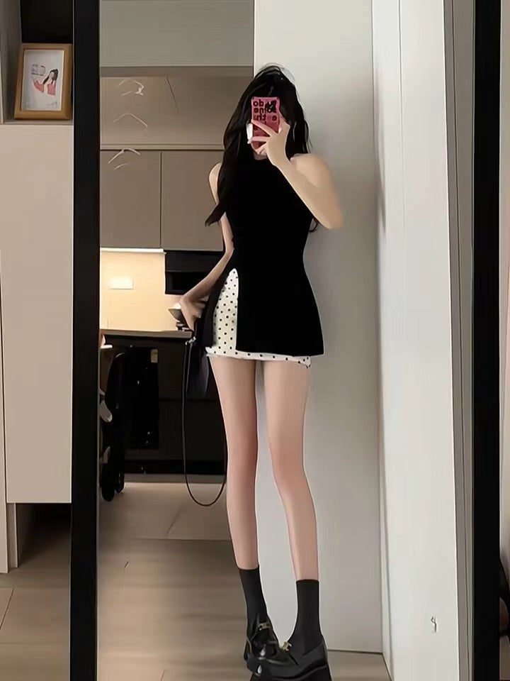 黑色系帶蝴蝶結無袖開衩背心套裝