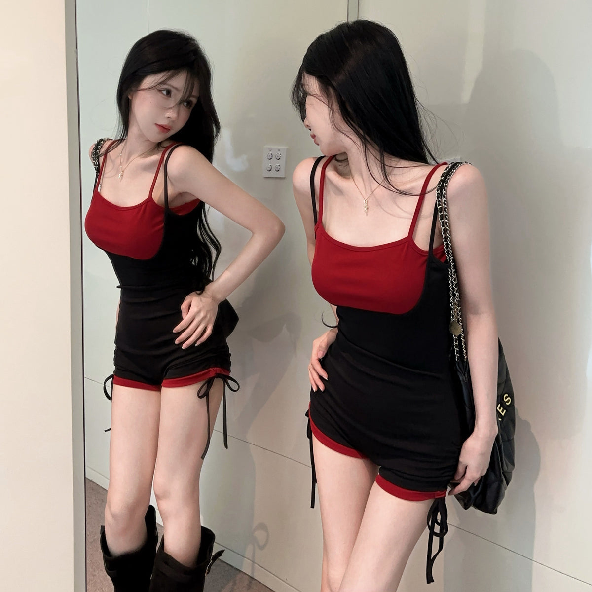 💕現貨秒出🍓辣妹假兩件吊帶連體瑜珈運動短褲