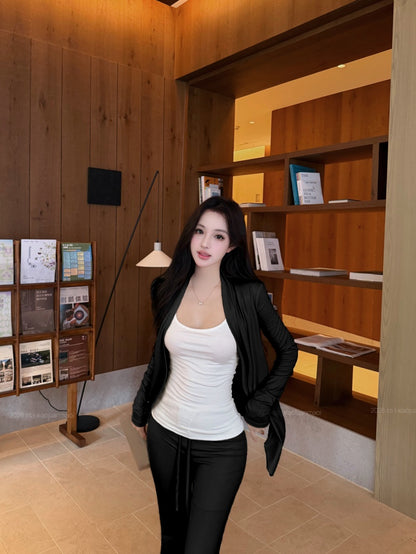 慵懶美背吊帶高腰抽繩微喇叭針織三件套