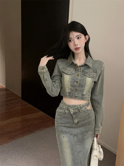 美式復古辣妹高腰開衩牛仔裙套裝