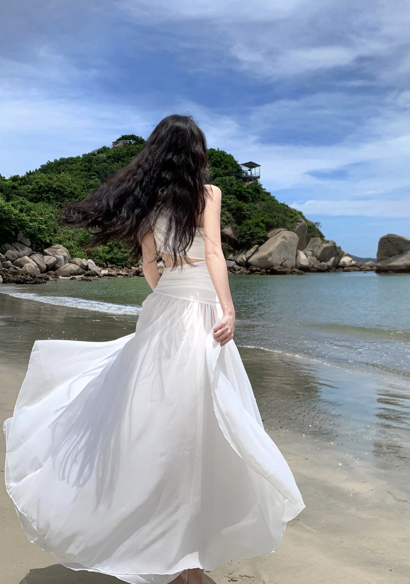 度假高級斜肩露腰浪漫白色禮服