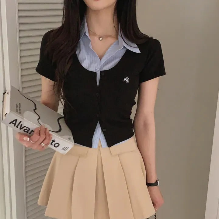 chic韓系假兩件POLO領襯衫上衣