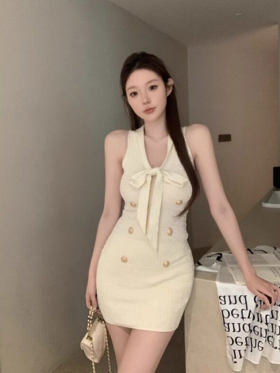 💕現貨秒出🍓小香風無袖收腰針織背心連衣裙