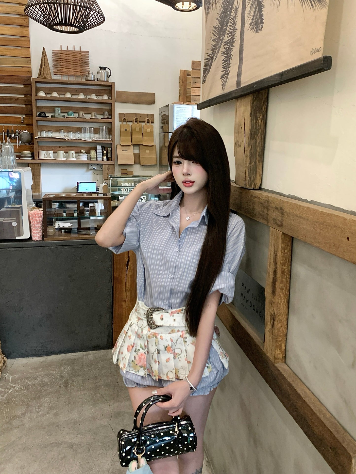 韓系條紋襯衫百褶短半裙兩件套