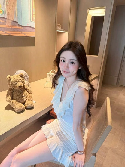 💕現貨秒出🍓法式名媛V領荷葉邊針織背心連衣裙