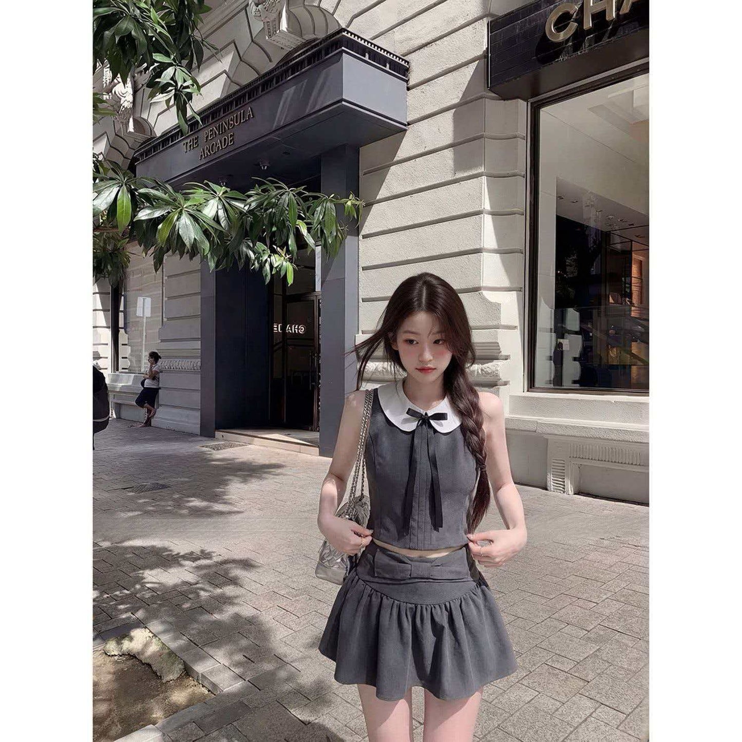 學院風娃娃領無袖短裙套裝