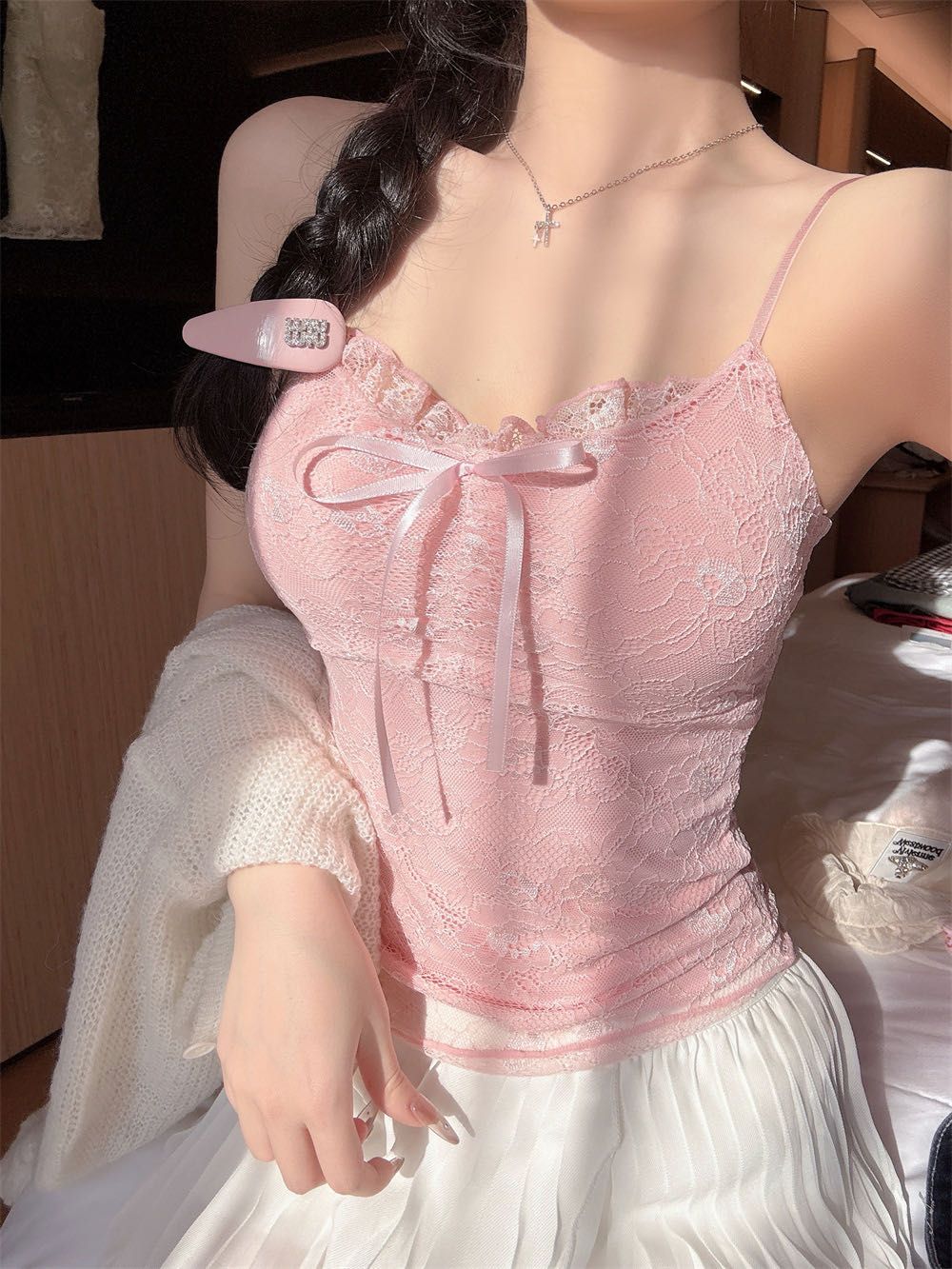 韓系chic純御氣質蕾絲吊帶帶胸墊背心單品
