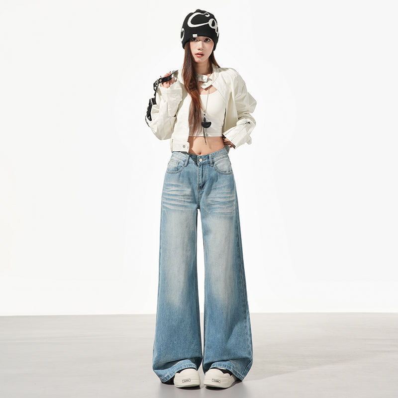 美式淺藍摺痕闊腿牛仔褲👖