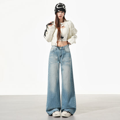 美式淺藍摺痕闊腿牛仔褲👖