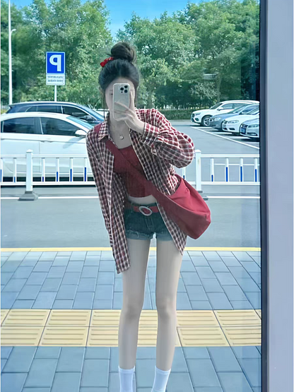 慵懶百搭紅色格子襯衫防曬外搭