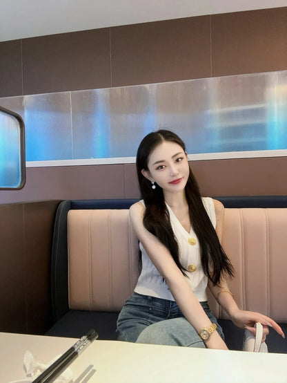 奢香名媛V領針織馬甲上衣