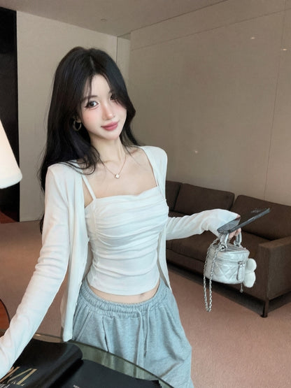春夏褶皺吊帶背心+薄外套兩件組