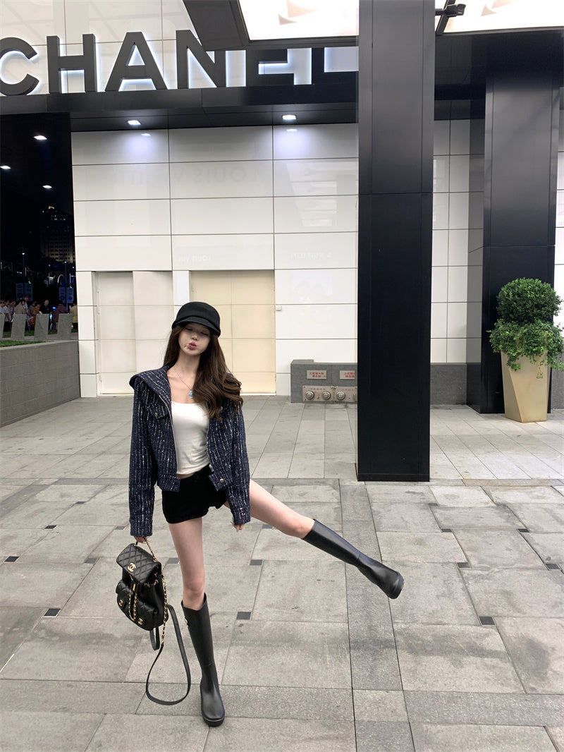 不一樣的輕奢小香藍色連帽外套