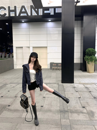 不一樣的輕奢小香藍色連帽外套