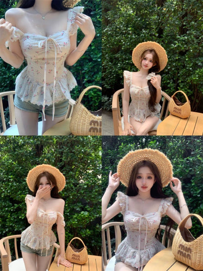 杏色碎花系帶小飛袖方領襯衫上衣