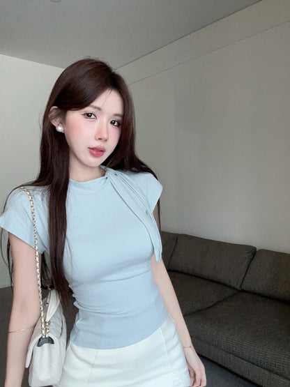 系帶圍巾領修身簡約上衣