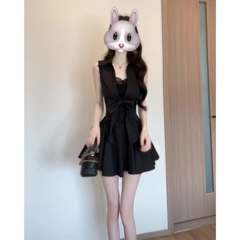 御姐赫本風黑色POLO無袖澎澎裙組
