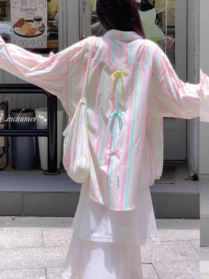 韓系多巴胺彩虹條紋慵懶開衫上衣