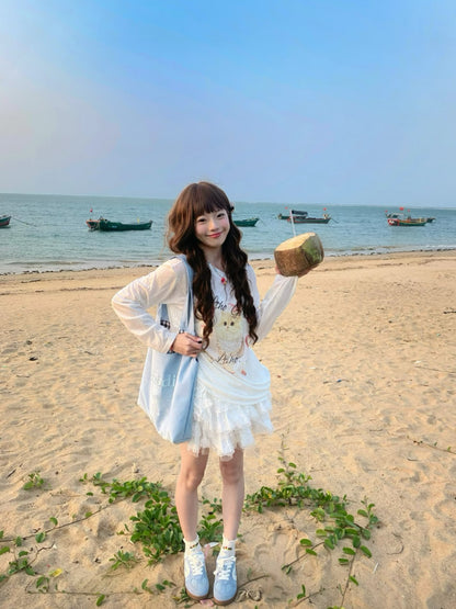 可愛軟萌小貓蘋果斜肩上衣罩衫