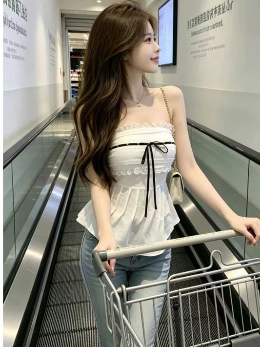蕾絲拼接皺摺收腰顯瘦抹胸背心上衣