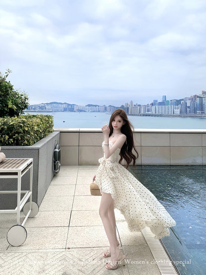法式華麗小點點連身前短後長小禮服