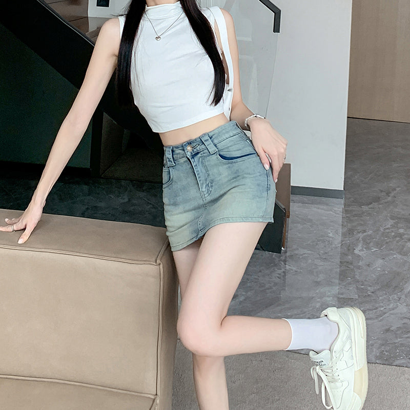 💕現貨秒出🍓復古水洗牛仔高腰短褲裙