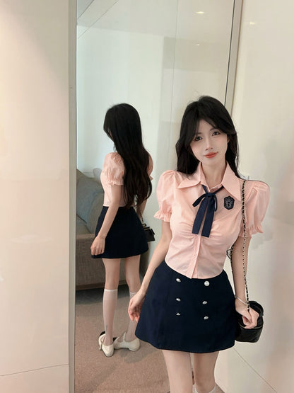 韓系jk學院風襯衫高腰短裙兩件套