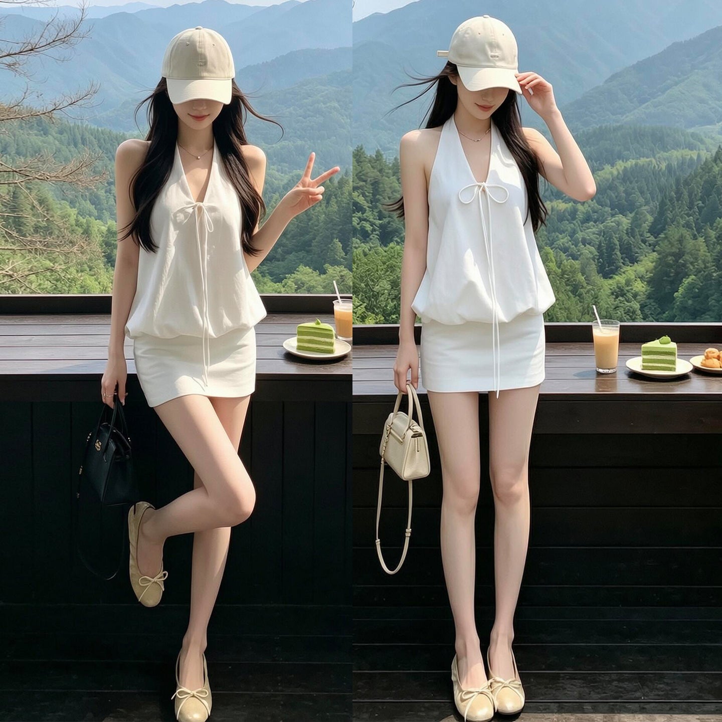 韓系白色V領掛脖無袖包臀兩件套
