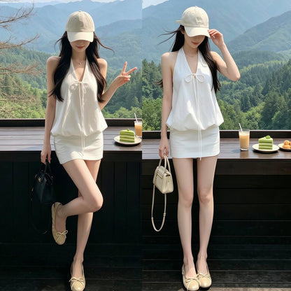 韓系白色V領掛脖無袖包臀兩件套