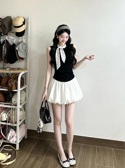 韓系黑色無袖上衣&白色澎澎裙套裝