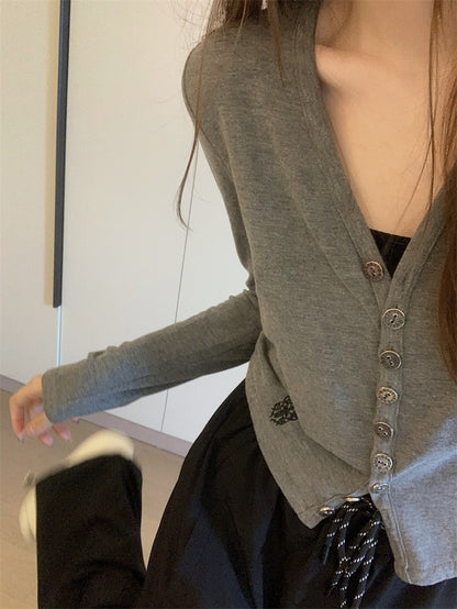 溫柔性感百搭刺繡鈕扣針織小開衫