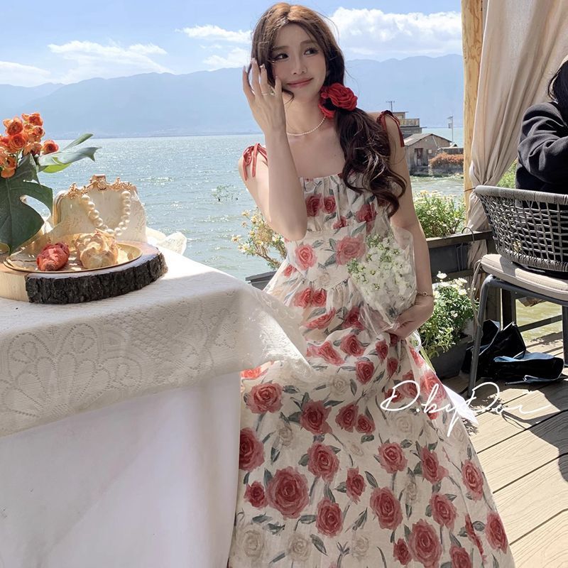 海邊度假紅色碎花吊帶長裙(有大尺碼)