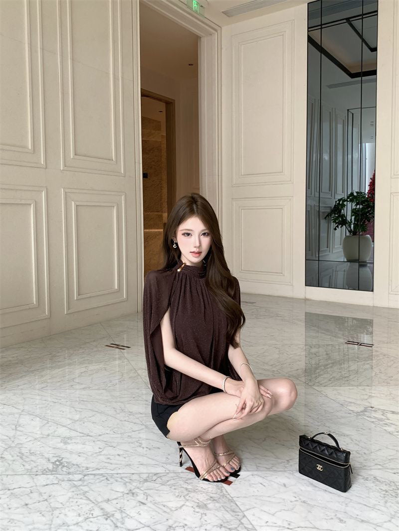 💕現貨秒出🍓法式精緻輕奢細閃披風背心上衣