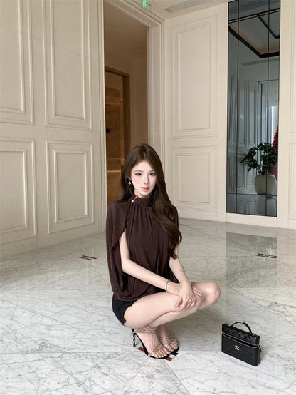 💕現貨秒出🍓法式精緻輕奢細閃披風背心上衣