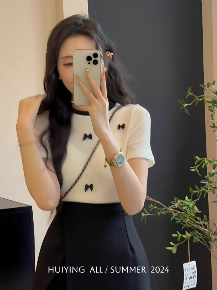 💕現貨秒出🍓法式小香風蝴蝶結冰絲短袖上衣