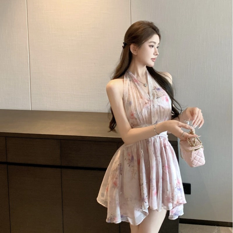 度假風粉色碎花小個子掛脖連衣裙