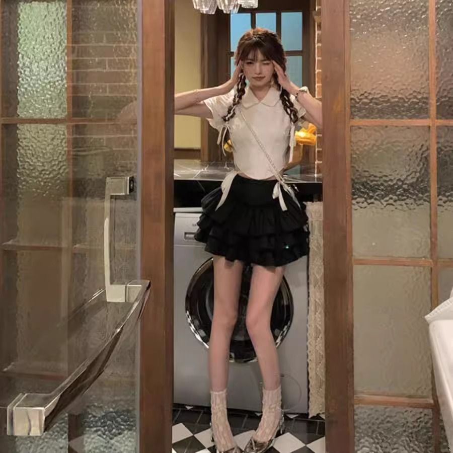 韓系蝴蝶結綁帶收腰蛋糕裙兩件套