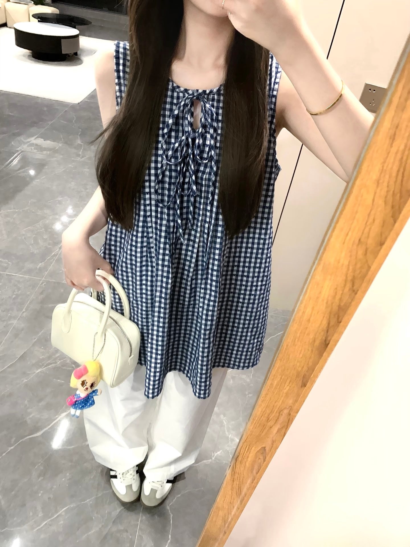 日常寬鬆格紋系帶&休閒寬褲兩件套