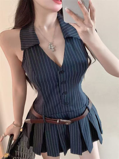 辣妹V領掛脖條紋連衣裙