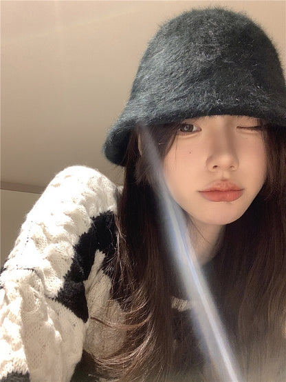 日系百搭可愛仿兔毛漁夫帽子