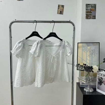 溫柔風白色純淨刺繡泡泡袖襯衫