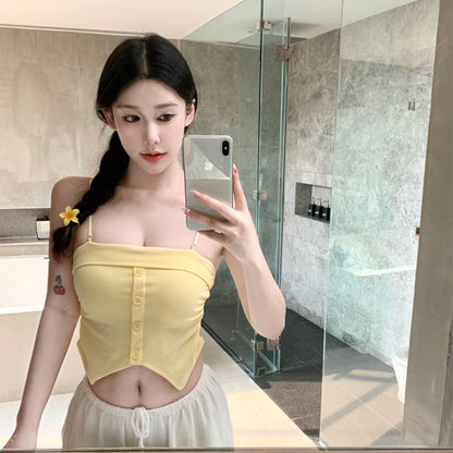 洋氣吊帶個性不規則鈕扣上衣