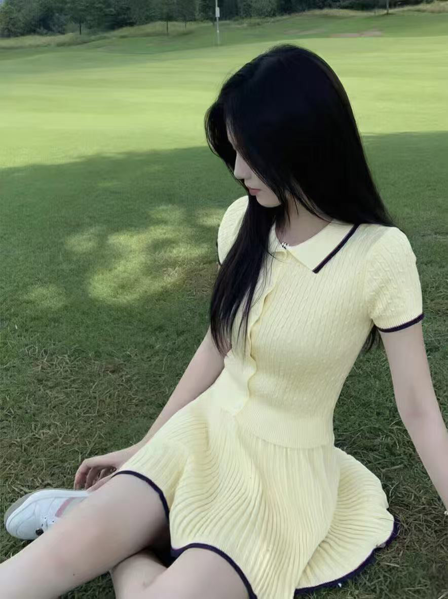 💕現貨秒出🍓韓系白色學院風針織運動百褶裙套裝