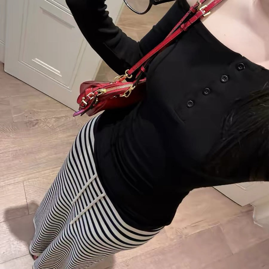 💕現貨秒出🍓 緊身條紋針織高腰顯瘦裙