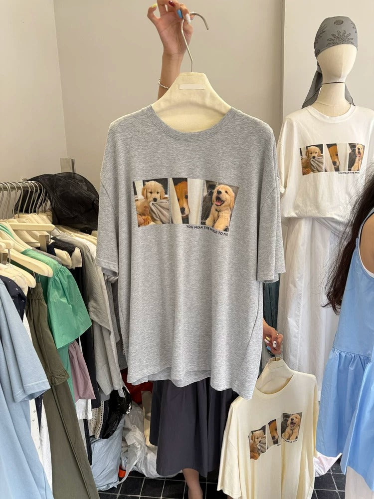 🐶百搭敲可愛狗勾印花大學短T(有大尺碼)